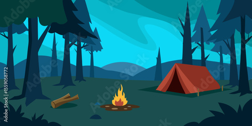 Mountain camping amidst a summer forest landscape, or beach camping by the sea with a tropical island and palm trees; a nature travel design