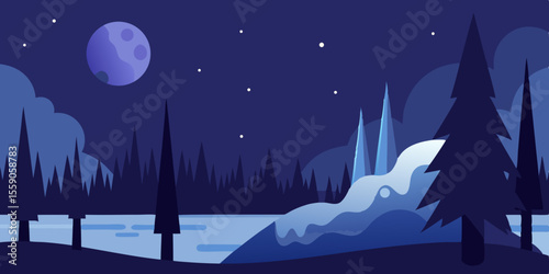 A serene winter night landscape with a bright moon and stars illuminating snow-covered trees and distant mountains, ideal for a Christmas or holiday illustration