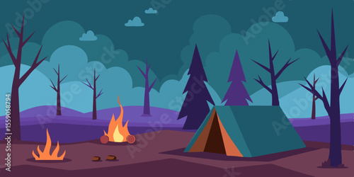 Here's a single sentence combining your keywords for image description:

Night camping in a forest landscape with a tent under the moonlit sky and surrounding trees