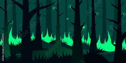 Vector illustration of a dark forest at night with trees, moon, and stars, capturing the essence of nature's mysterious landscape