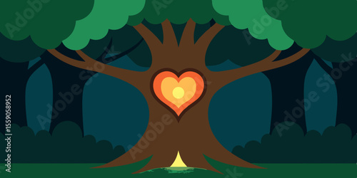 Vector illustration of a romantic couple in a heart-shaped forest, symbolizing love and nature on Valentine's Day