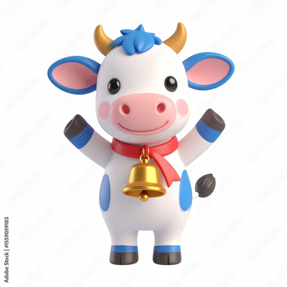Fototapeta premium Cute Cartoon Cow with Bell and Scarf