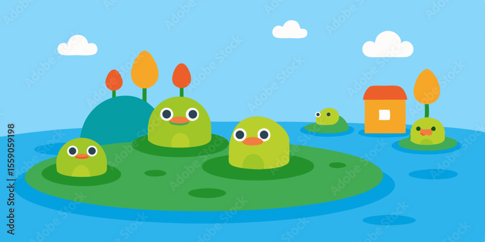 Obraz premium Cute green cartoon frog illustration smiling on a lake or pond with insects and a friendly turtle