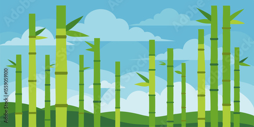 Green urban landscape with bamboo trees reaching for the sun-drenched sky, illustrating an eco-friendly city design