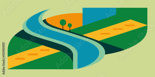 Vector illustration of an abstract nature landscape with sun, sky, green grass, and rolling hills