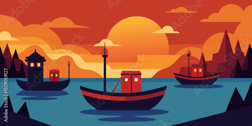 Fishing boats on the calm sea at sunset, their silhouettes framed by the vibrant sky and distant coast, create a serene nautical landscape