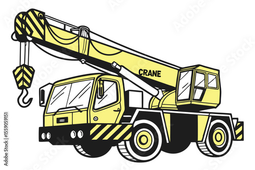 Illustration of a Yellow Crane Vehicle with Black Striped Accents Ready to Lift and Transport Heavy Materials on a Construction Site