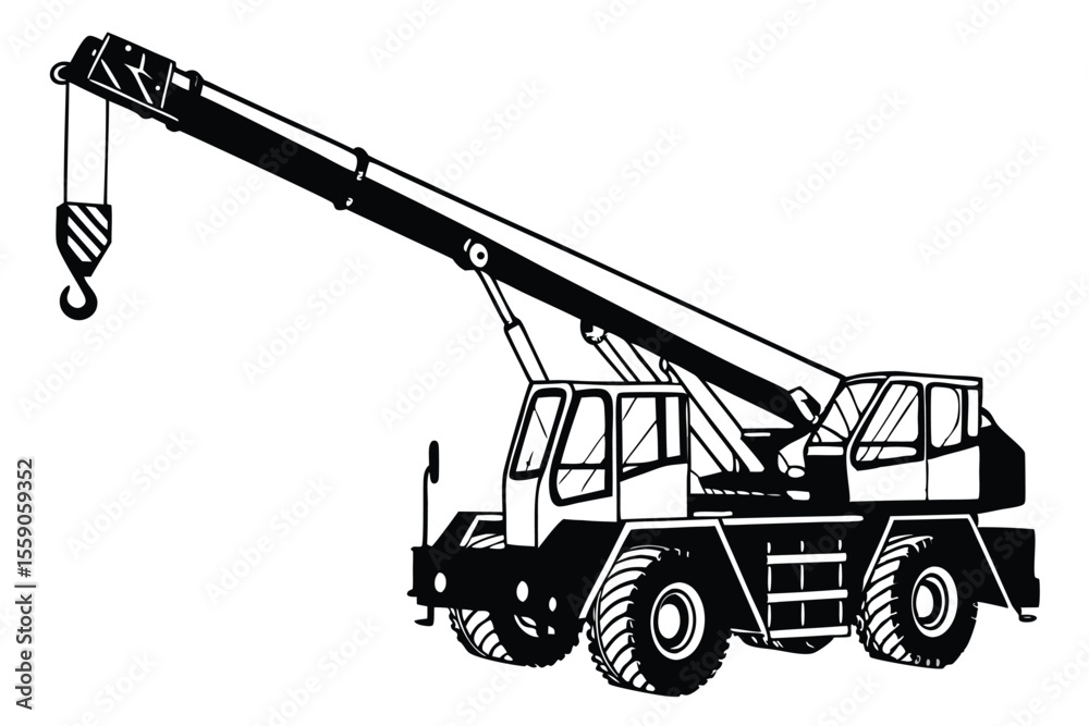 Naklejka premium Heavy Duty Crane Illustration Construction Vehicle Machinery Equipment Lifting and Moving Heavy Loads Powerful Engine Tires