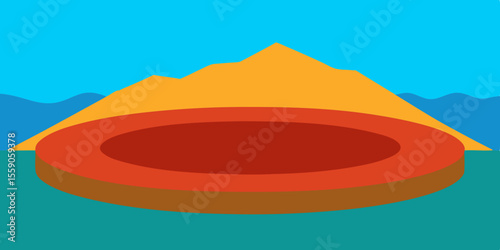 Abstract colorful pyramid illustration with a vibrant desert sunset sky, mountains, and a lone tree silhouette