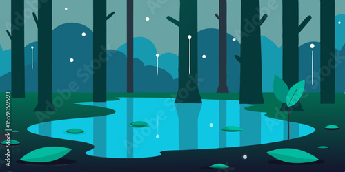 Blue vector illustration of an abstract winter landscape with trees, deep dark sky, and starlight reflection on water