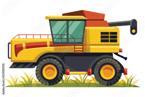 Illustration of a Yellow Combine Harvester in a Field Depicting Agricultural Equipment and Farming Practices