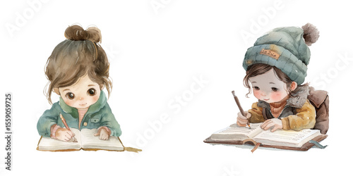 child writing in a notebook watercolor vector illustration