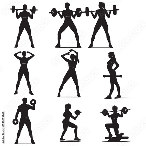 Collection of black silhouettes of women and men performing various weightlifting exercises
