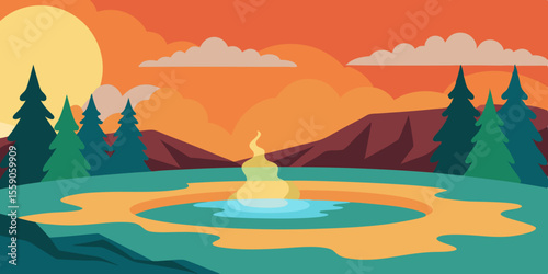 Sunset Serene Geothermal Spring in Mountain Landscape Illustration