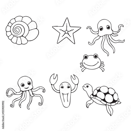 Cute cartoon black and white outline drawings of sea creatures including a snail shell starfish octopus crab lobster and turtle