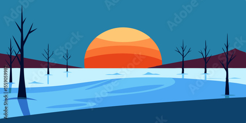 Sunset over Flooded Landscape A Serene, Minimalist Illustration