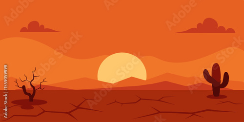 Sunset Desert Landscape Arid Beauty of Cracked Earth and Lone Cactus