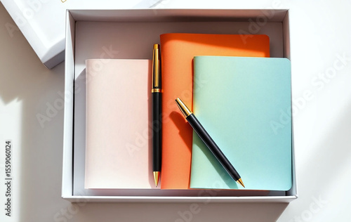 Minimalist Luxury Pen and Color Notebook Set in Gift Box with Soft Shadows - Generative AI