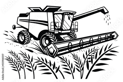 Monochrome Illustration of a Combine Harvester Harvesting Crops in a Field with a Focus on Agricultural Machinery and Rural Scenes