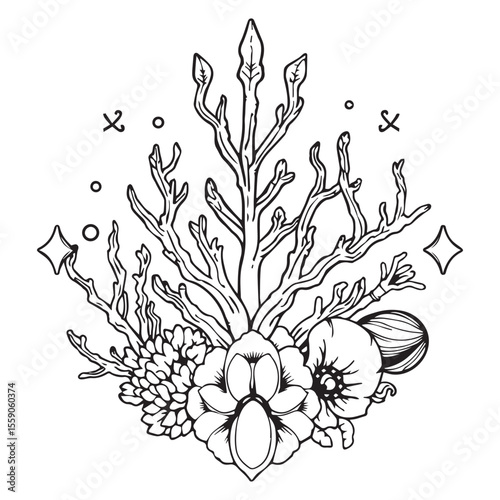 Elegant black and white line art illustration of a stylized floral arrangement with coral and botanical elements