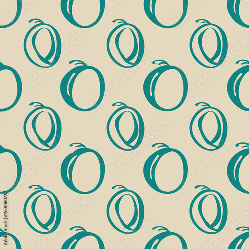 Seamless pattern of simple teal fruit designs with repeating background on beige color