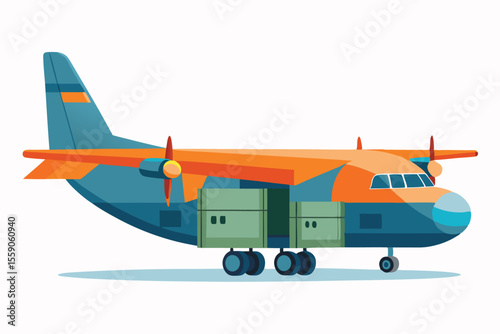 Cartoon Military Transport Aircraft Heavily Loaded with Cargo Ready for Rapid Deployment and Humanitarian Aid Missions Around the World