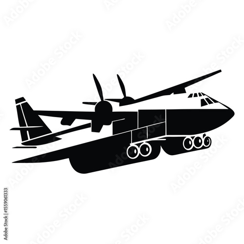 Detailed Black and White Illustration of a Large Cargo Aircraft, Featuring Prominent Propellers and Multiple Landing Wheels