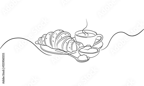 Croissant and coffee drawn in one line style. Breakfast theme with lineart sauce and coffee for logo and posters, simple sketch design. Vector illustration isolated on white background