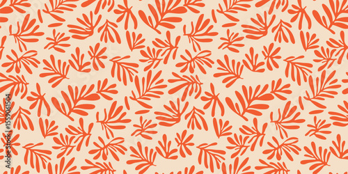 Minimalist abstract floral organic seamless pattern with red leaf shapes on beige background. Modern botanical texture with scattered foliage branches. Matisse style. Repeat design for textile, print