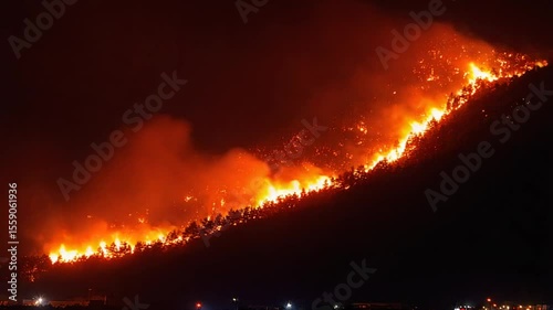 Devastating wildfire rages across hillside at night threatening communities, causing widespread destruction