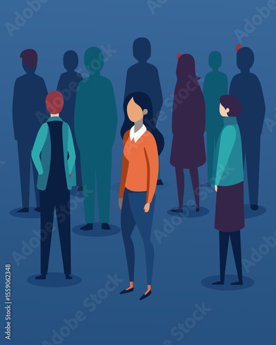 One person standing in a crowd feeling invisible as others socialize and interact with each other around them.. Vector illustration