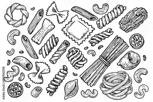 Hand-drawn sketch of various pasta shapes, including spirals, tubes, bows, and bundles, on a white background. Ideal for culinary designs.