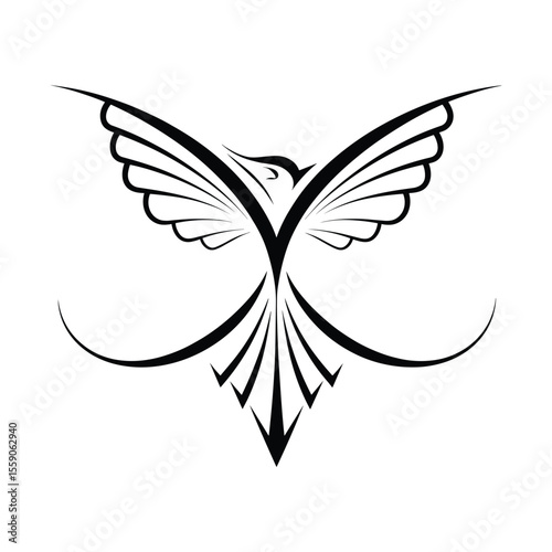 Elegant Black and White Bird Design with Symmetrical Wings and Tail Feathers