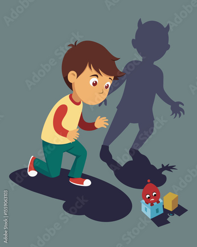 As a child plays with their toys their shadow is seen eerily moving and playing along with them hinting at the possibility of a sinister unseen presence manipulating their innocent. Vector