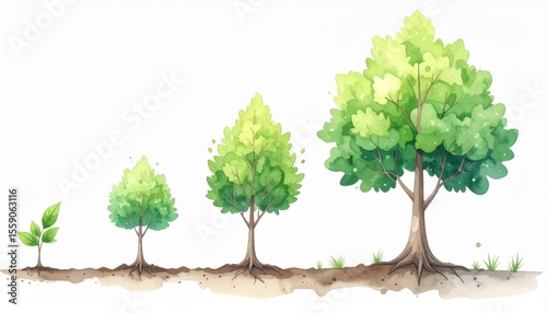 Watercolor Illustration of Tree Growth Stages