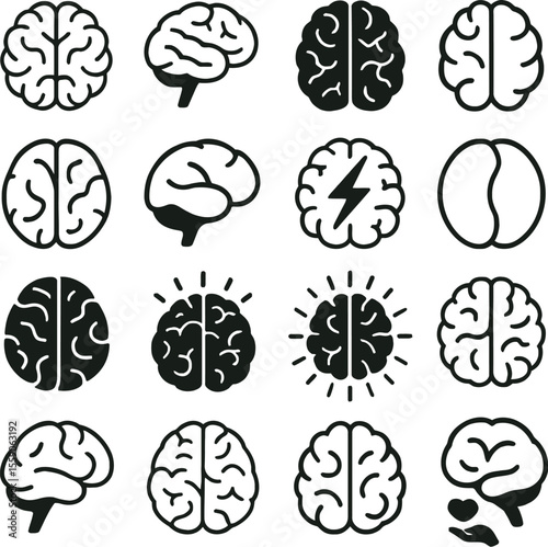 Brain Icons Set - Vector Line and Solid Style Icons of Human Brain, Mind, Intelligence, and Mental Health