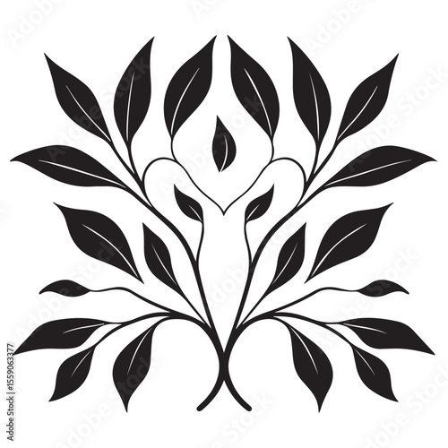 Symmetrical black silhouette of a stylized plant with leaves and curving stems