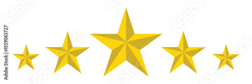 Five golden stars aligned in a row on a plain simple presentation on white background.