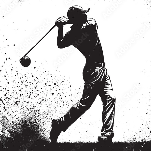  Dynamic graphic of a golfer's powerful swing in striking black and white, capturing elegance, motion, and energy, portrayed in a contemporary illustration technique for a dramatic