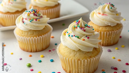 Creamy vanilla cupcakes with colorful sprinkles frosting