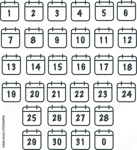 Calendar icons with numbers 1 through 31 and a blank icon representing dates and time management concepts