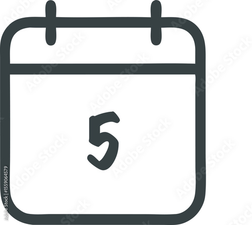 Hand-Drawn Calendar Icon with the Number Five Representing a Date in Dark Gray on a White Background Depicting Schedule