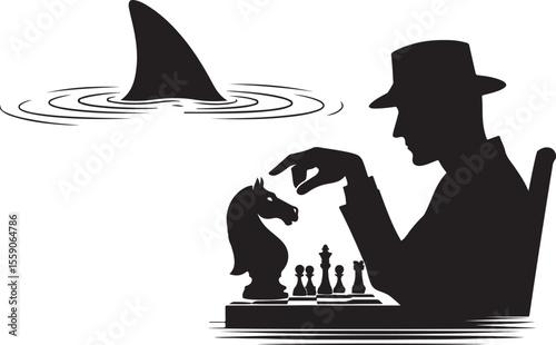 Man playing chess with shark fin in water vector