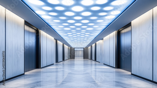 Brightly lit modern hallway with reflective floors and a series of elevator doors on both sides. Sleek, futuristic design concept