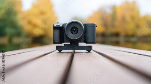 Camera placed on a wooden surface outdoors with a blurred background of autumn trees. Concept: photography, technology, outdoors