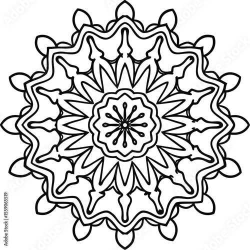 circular floral mandala design in black line art style for decorative and artistic use