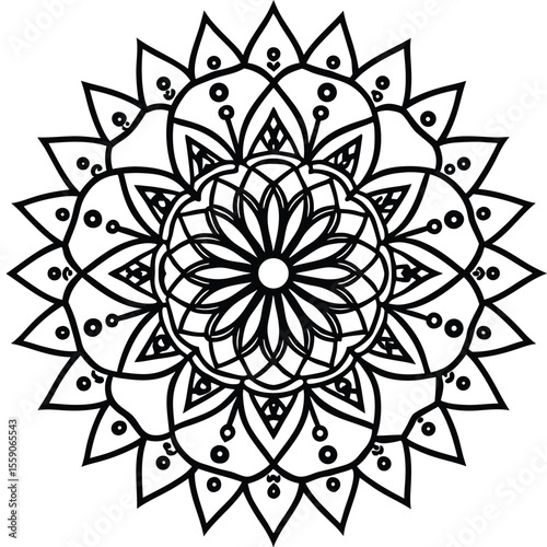 circular floral mandala design in black line art style for decorative and artistic use