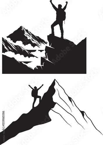Climber triumphing on mountain peak silhouette summit