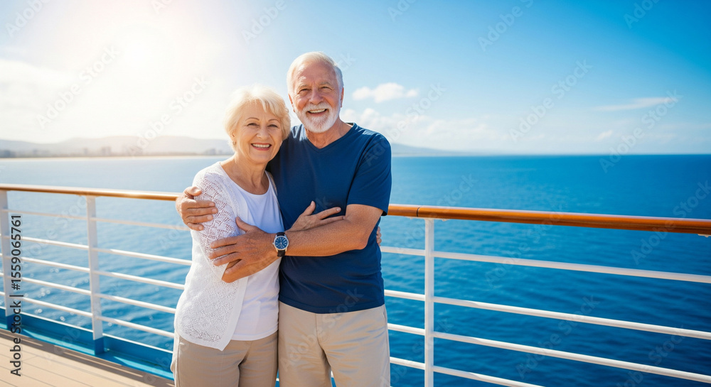 Fototapeta premium Happy beautiful elderly couple of pensioners hugging and smiling, sitting on the deck of a cruise ship, concept of summer vacation for pensioners, hello summer, summer vacation, cruise for elderly peo
