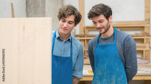 Two men in blue aprons are observing a wooden board, in a workshop. craftsmanship and teamwork